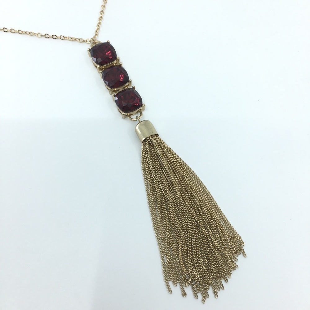 NATASHA Signed Long Necklace Chunky Crystal Rhinestone Pendant Gold Chain Tassel